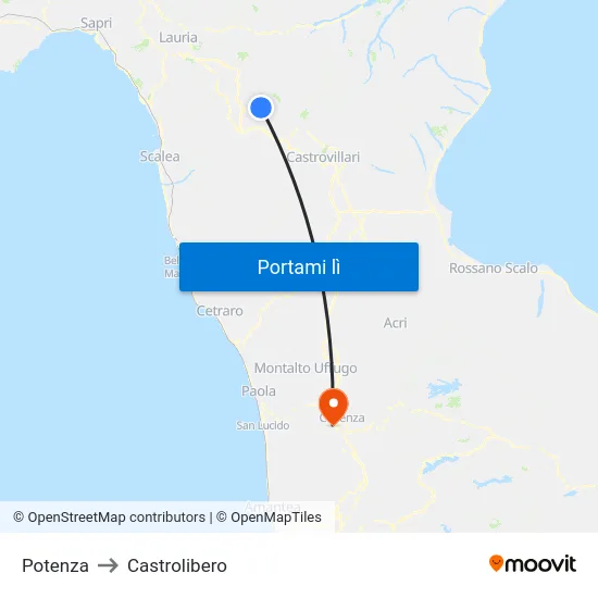 Potenza to Castrolibero map