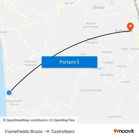 Fiumefreddo Bruzio to Castrolibero map