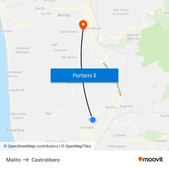 Malito to Castrolibero map