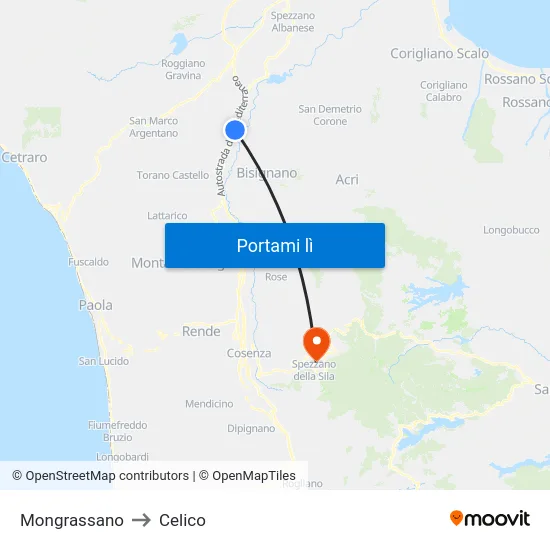 Mongrassano to Celico map
