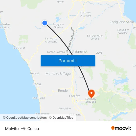 Malvito to Celico map