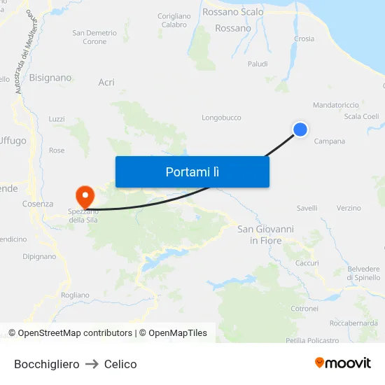 Bocchigliero to Celico map