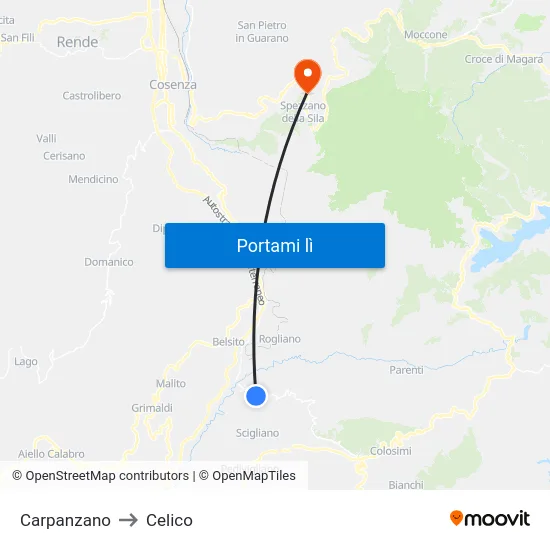 Carpanzano to Celico map