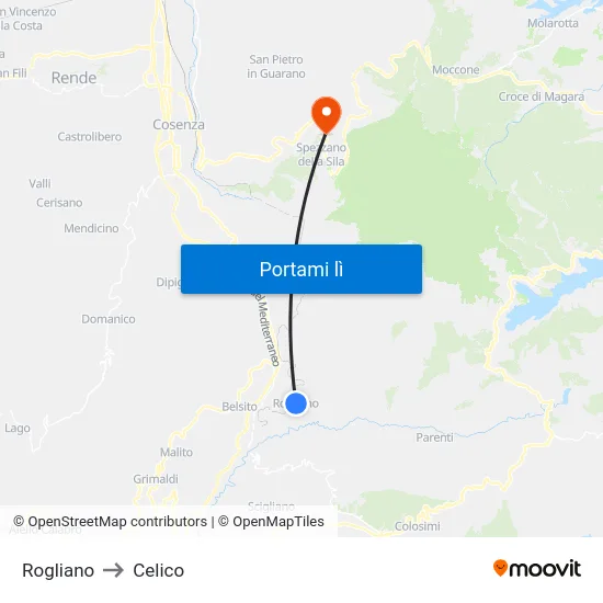Rogliano to Celico map