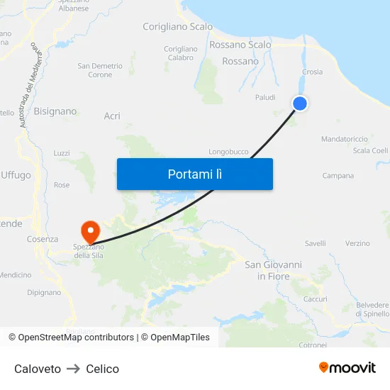 Caloveto to Celico map