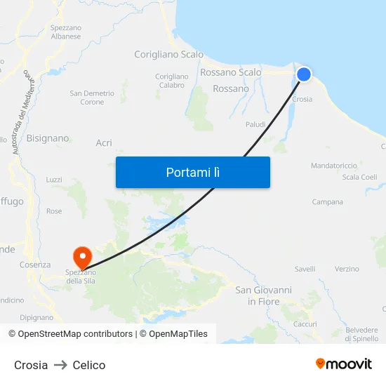 Crosia to Celico map