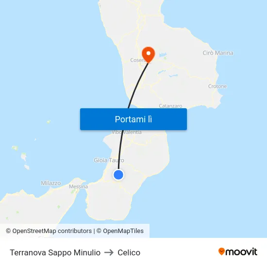 Terranova Sappo Minulio to Celico map