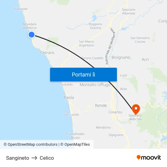 Sangineto to Celico map