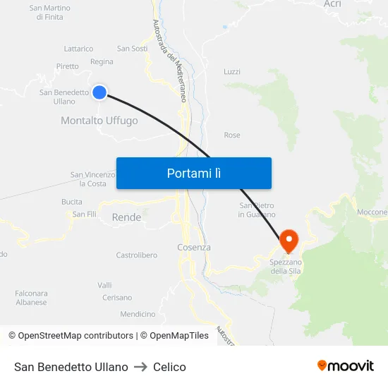 San Benedetto Ullano to Celico map