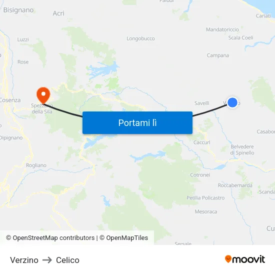 Verzino to Celico map
