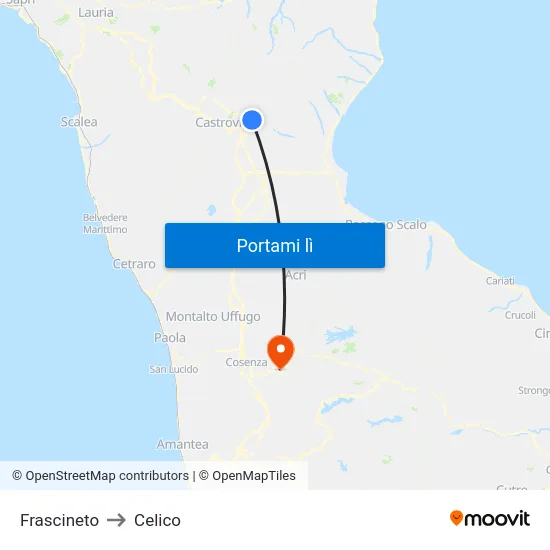 Frascineto to Celico map