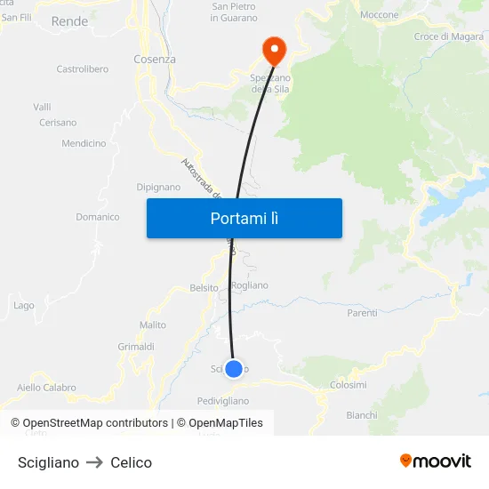 Scigliano to Celico map