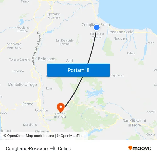 Corigliano-Rossano to Celico map