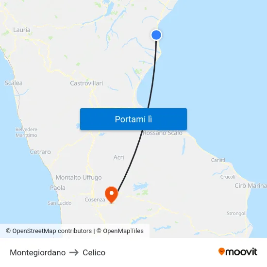 Montegiordano to Celico map