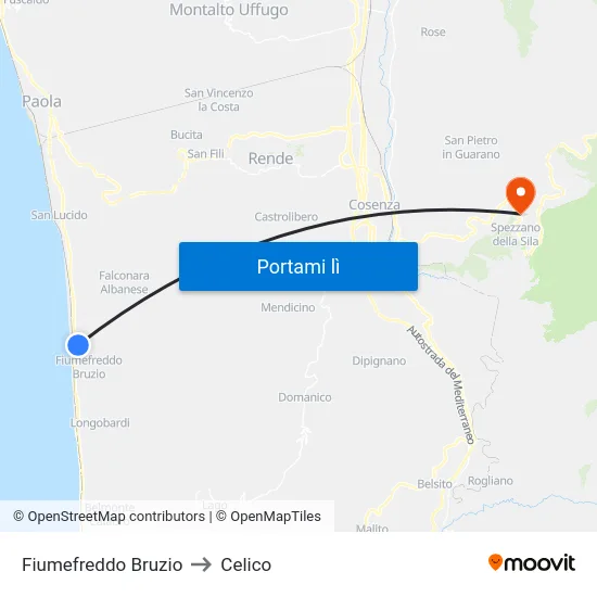 Fiumefreddo Bruzio to Celico map