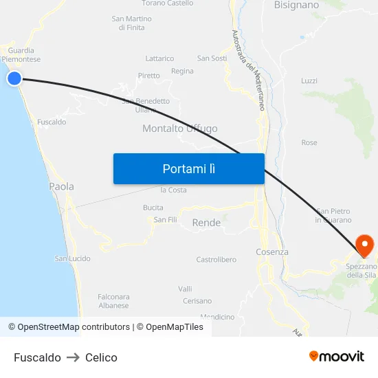 Fuscaldo to Celico map