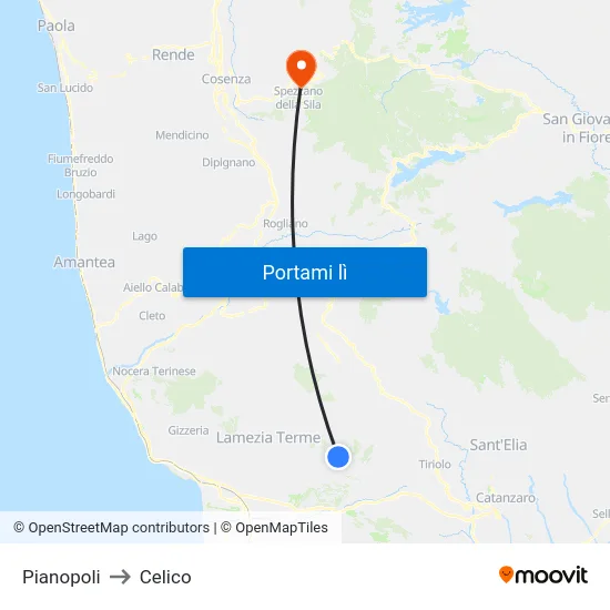 Pianopoli to Celico map