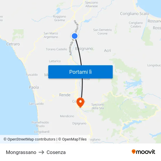 Mongrassano to Cosenza map