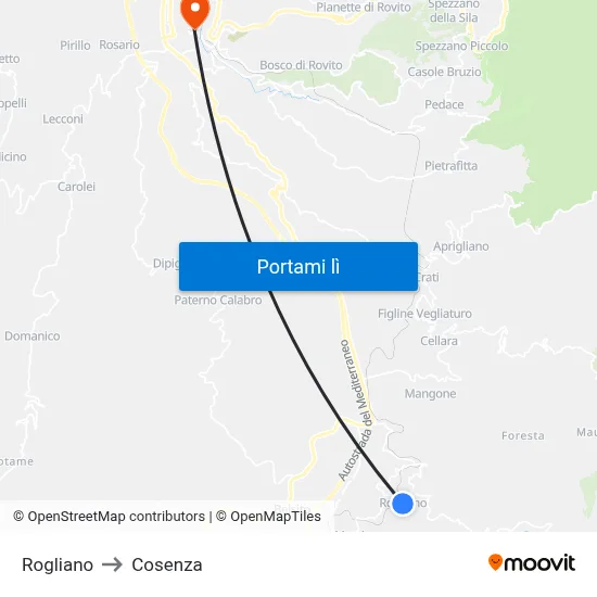 Rogliano to Cosenza map