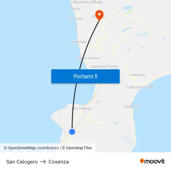 San Calogero to Cosenza map