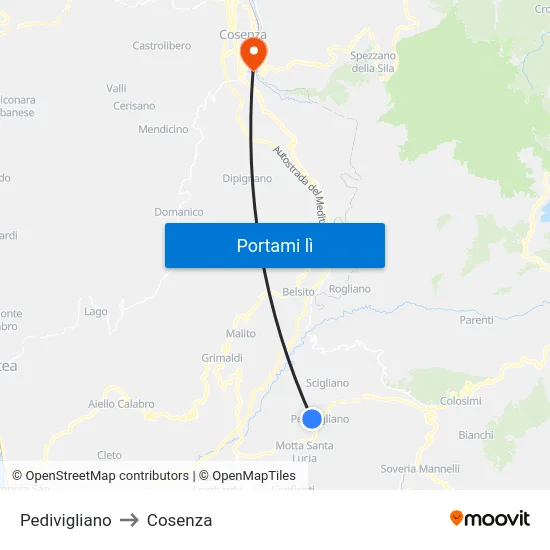 Pedivigliano to Cosenza map