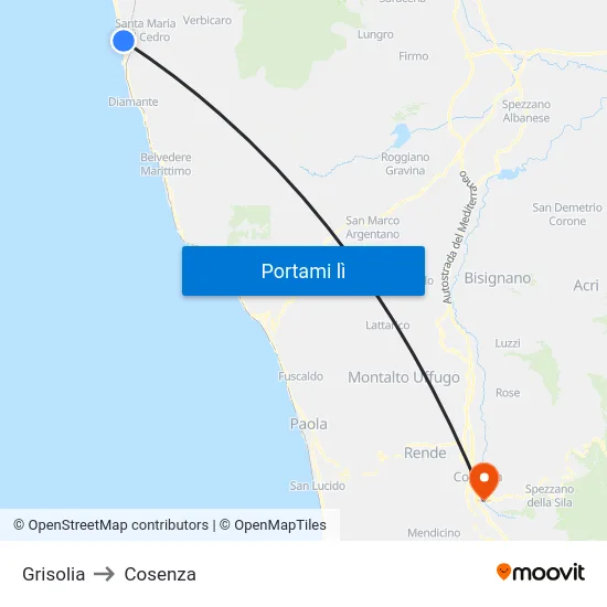 Grisolia to Cosenza map