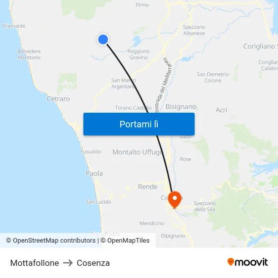 Mottafollone to Cosenza map