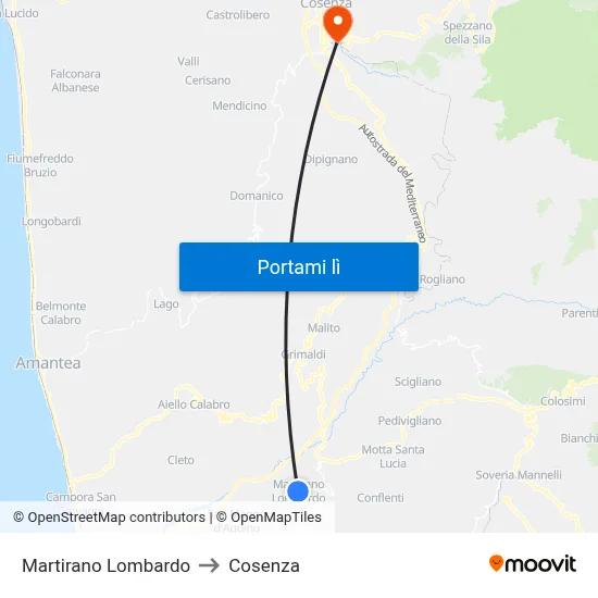 Martirano Lombardo to Cosenza map