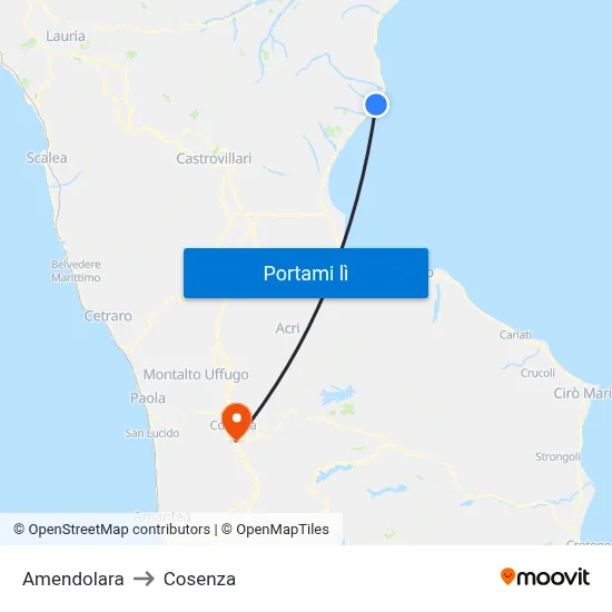 Amendolara to Cosenza map