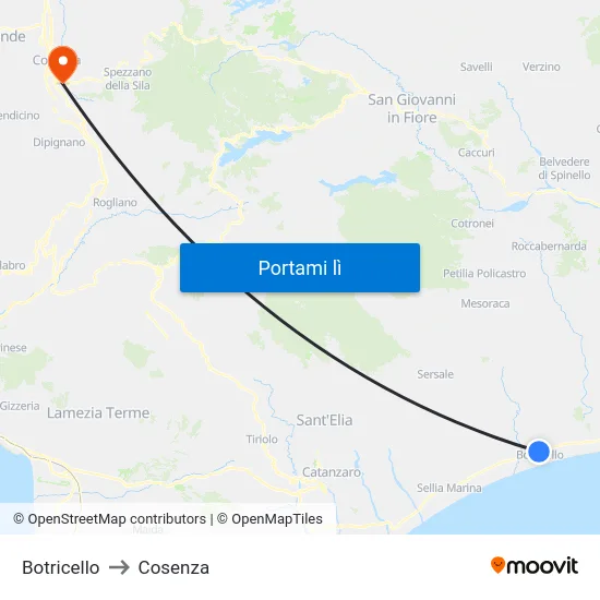 Botricello to Cosenza map