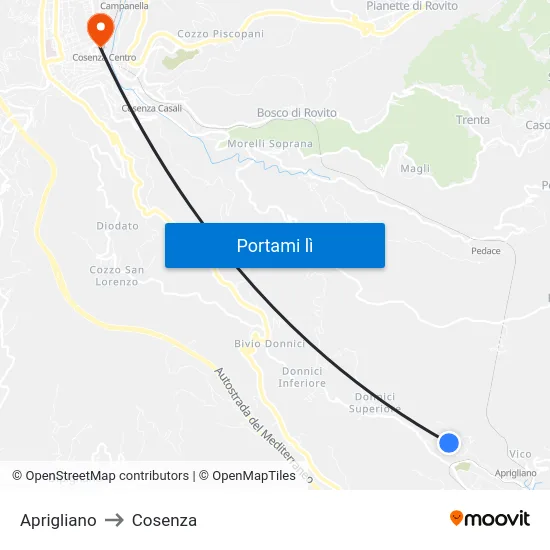 Aprigliano to Cosenza map