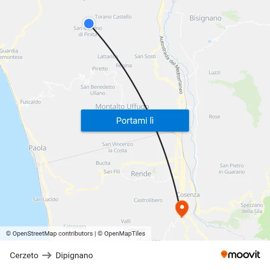 Cerzeto to Dipignano map