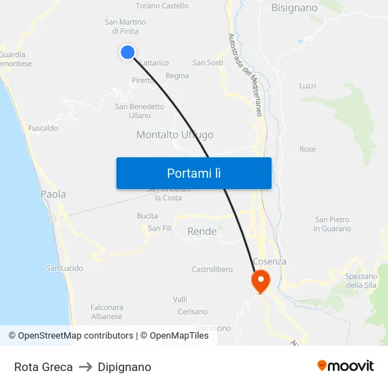 Rota Greca to Dipignano map