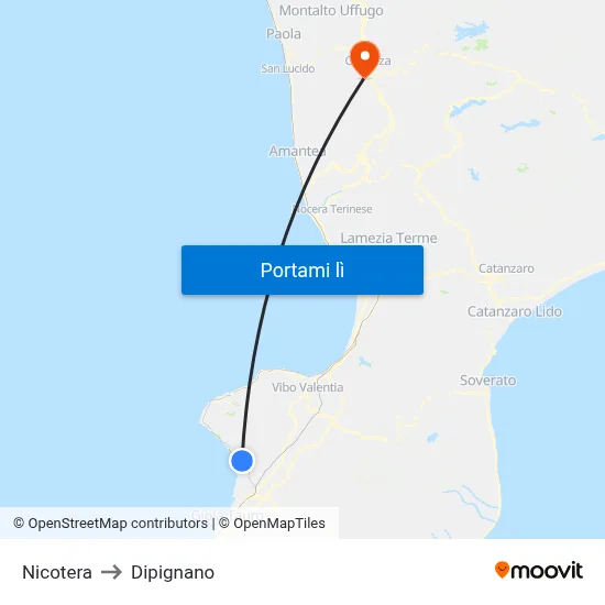Nicotera to Dipignano map