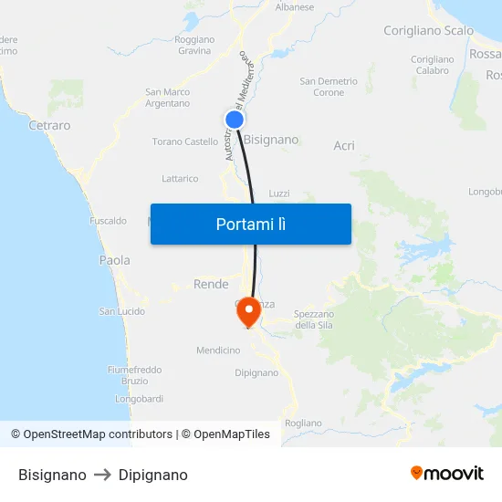Bisignano to Dipignano map