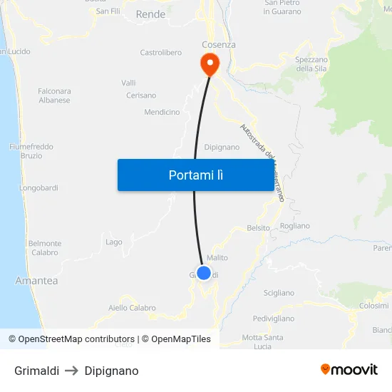 Grimaldi to Dipignano map