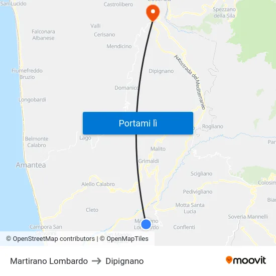 Martirano Lombardo to Dipignano map