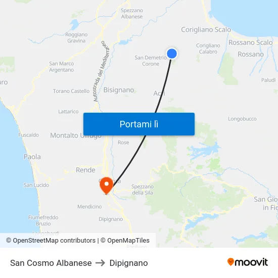 San Cosmo Albanese to Dipignano map