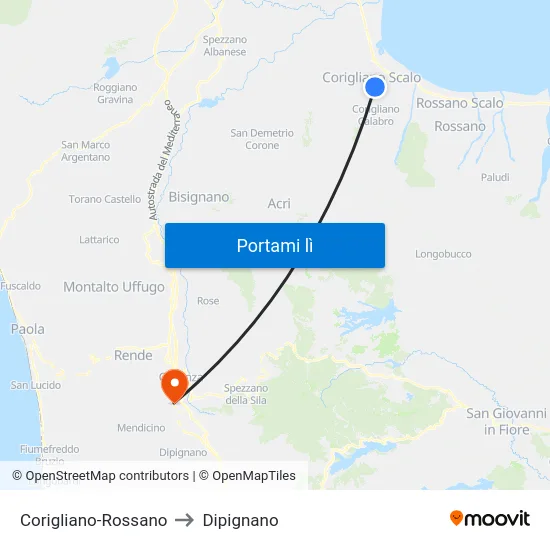 Corigliano-Rossano to Dipignano map