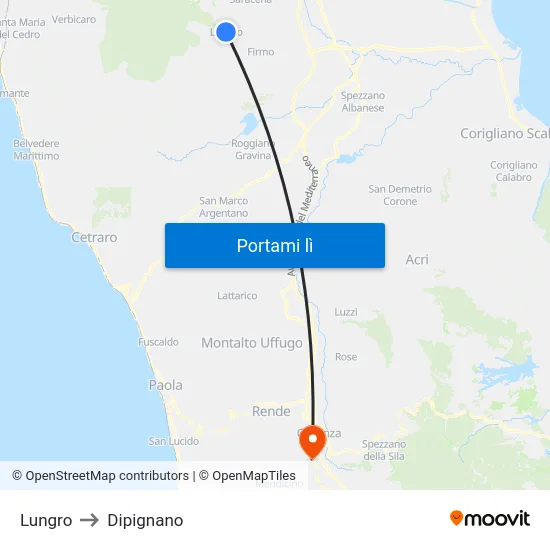 Lungro to Dipignano map