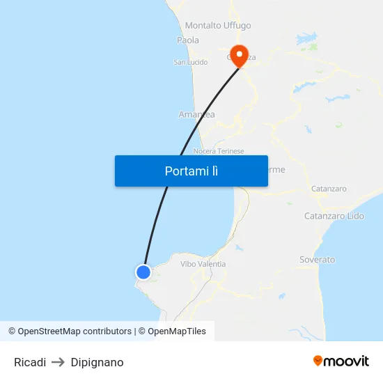 Ricadi to Dipignano map