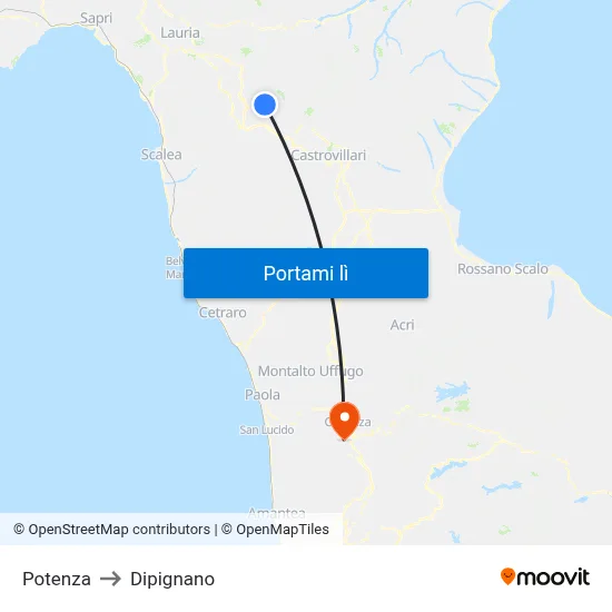 Potenza to Dipignano map