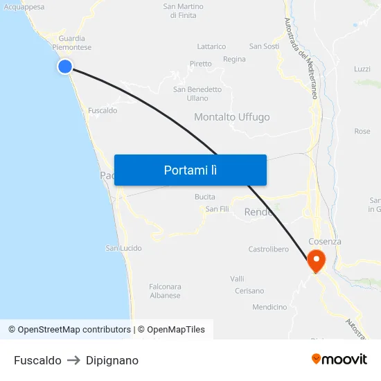 Fuscaldo to Dipignano map
