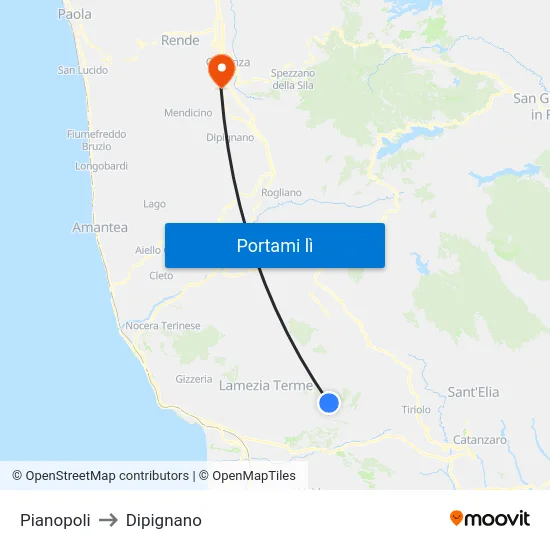 Pianopoli to Dipignano map