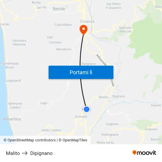 Malito to Dipignano map