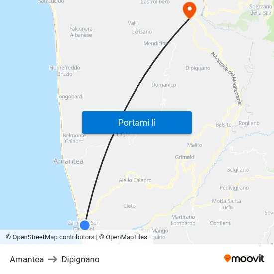 Amantea to Dipignano map