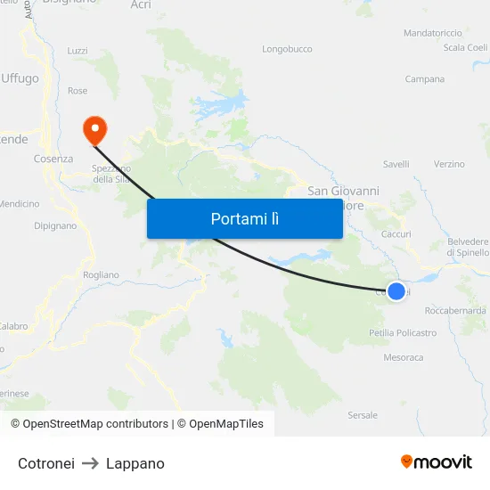 Cotronei to Lappano map