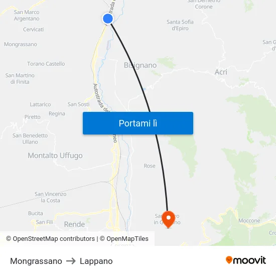 Mongrassano to Lappano map