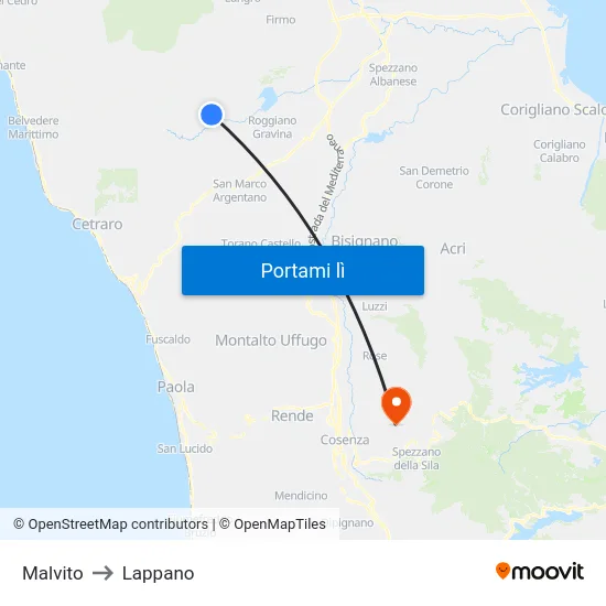 Malvito to Lappano map