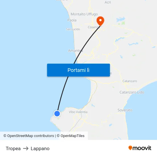 Tropea to Lappano map